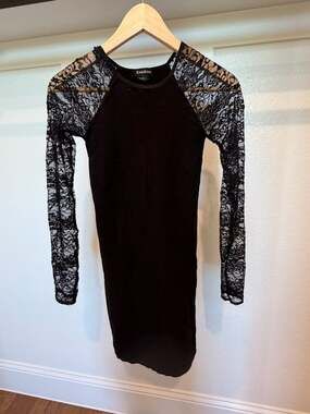 Bebe Black Bodycon Dress with Floral Lace Raglan Long Sleeves